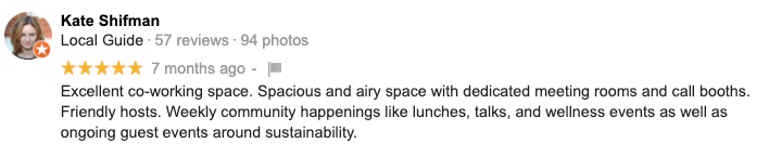 5 star Google Review of Impact Hub