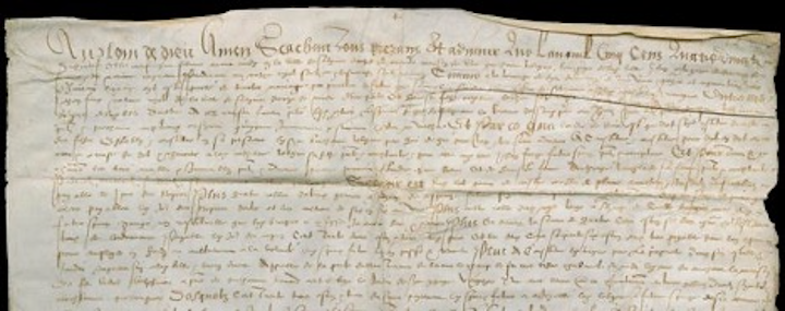 A piece of old, folded paper with handwriting on it — a marriage contract from 1599