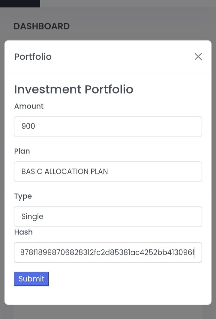 Input the amount you want to invest. Select the BASIC ALLOCATION PLAN. Paste your withdrawal transaction hash for deposit confirmation.