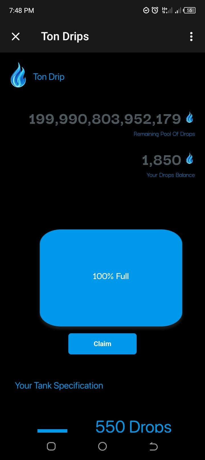 Screenshot of Ton Drips showing full tank for claim