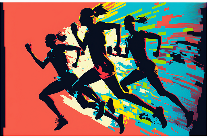 silhouette of runners racing toward the finish line, pop art