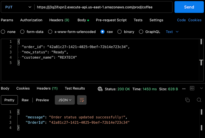 Testing the PUT method using Postman.