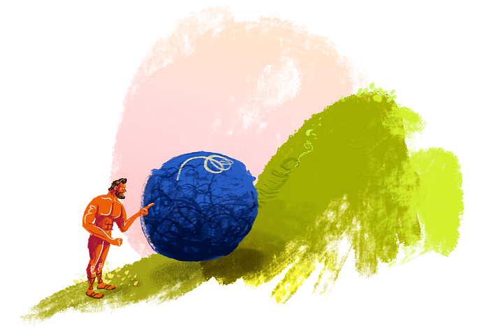 Sisyphus lecturing a boulder at the bottom of a hill.