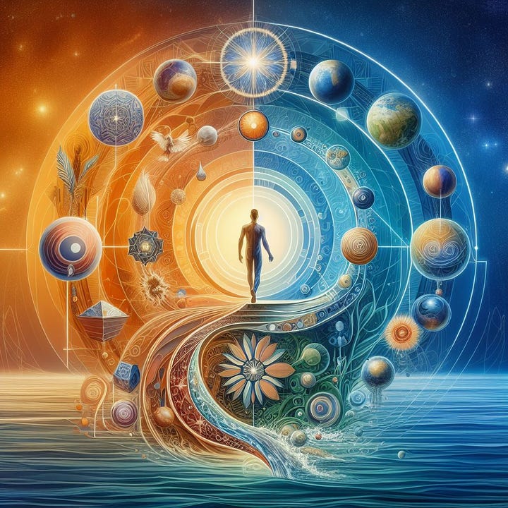 A visual representation of the yogic path, capturing the essence of self-discovery and personal growth through the integration of ethical principles, personal observances, and the exploration of one’s Dharma.