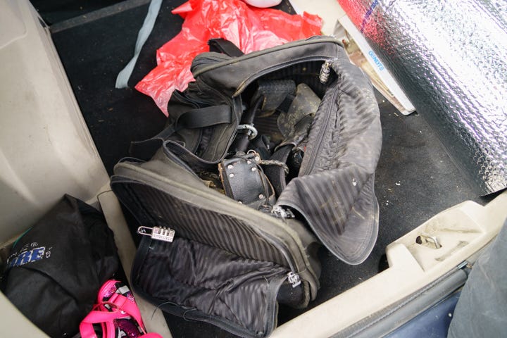 Junior’s equipment bag remains in the trunk of one of his cars, just as it was in 2010 when the prison closed. (Photographed by David Reeve)