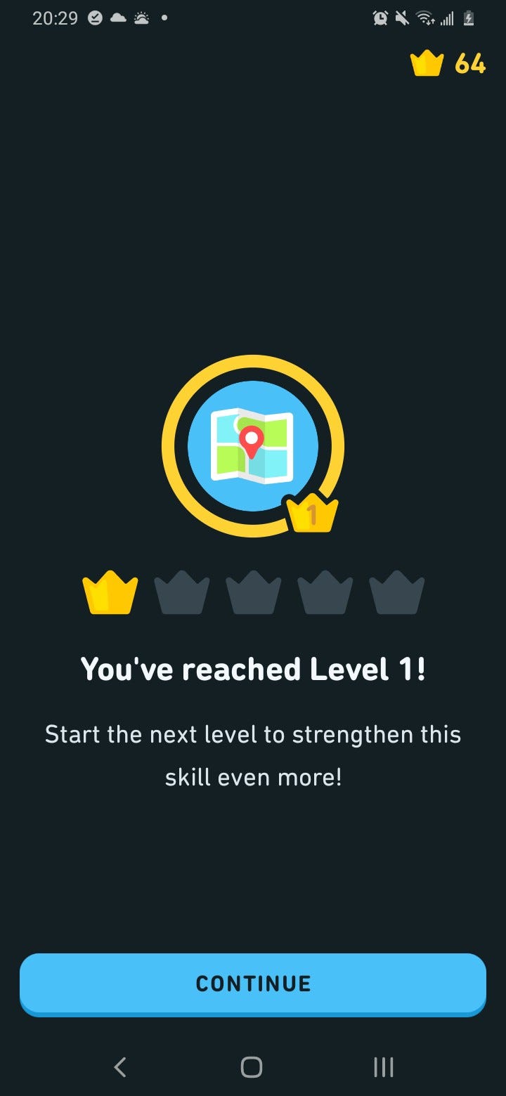Screenshot of a Duolingo screen after successfully completing an exercise: “You’ve reached level 1!”
