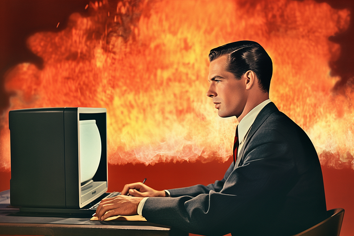 A man is sat at a computer editing a file, he looks focused and interested in the edting. In the background a raging fire burns. The scene is slightly surreal. It looks like James Bond is trying to do something on a computer in burning building.