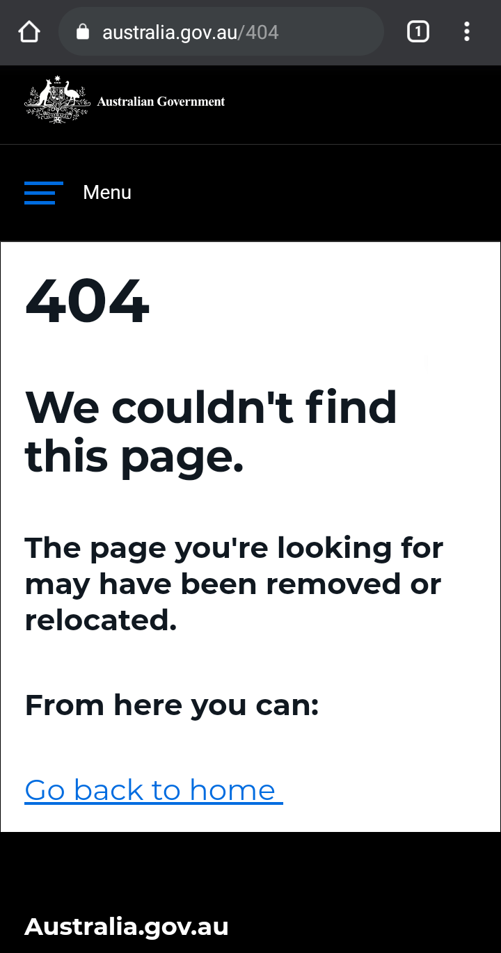 Screen shot of gov.au 404 page