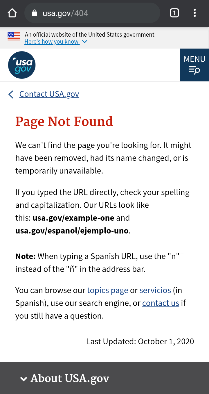 Screen shot of usa.gov 404 page
