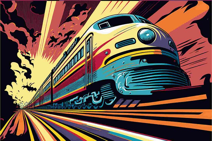 a speedy train on a track, pop art