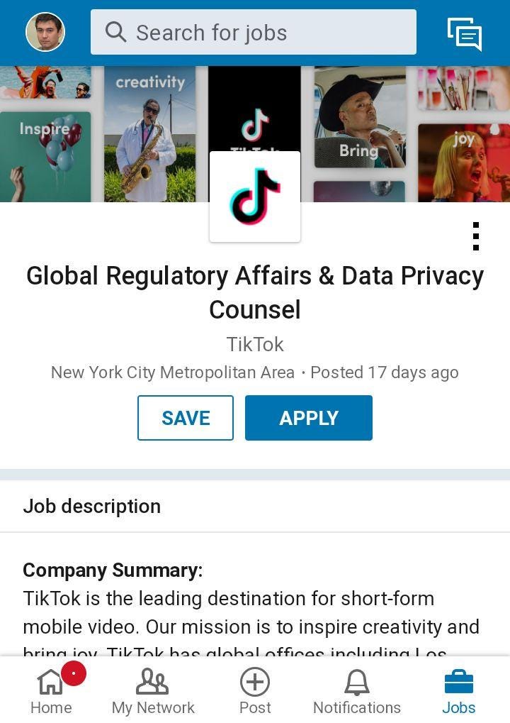 Job offer for TikTok Community Manager. Source: Jobs on LinkedIn