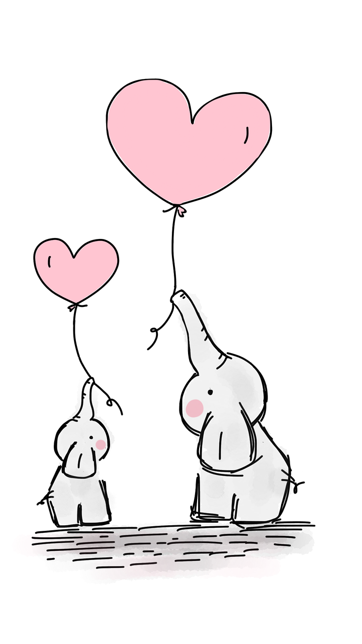 line drawn adult and baby elephants with heart balloons