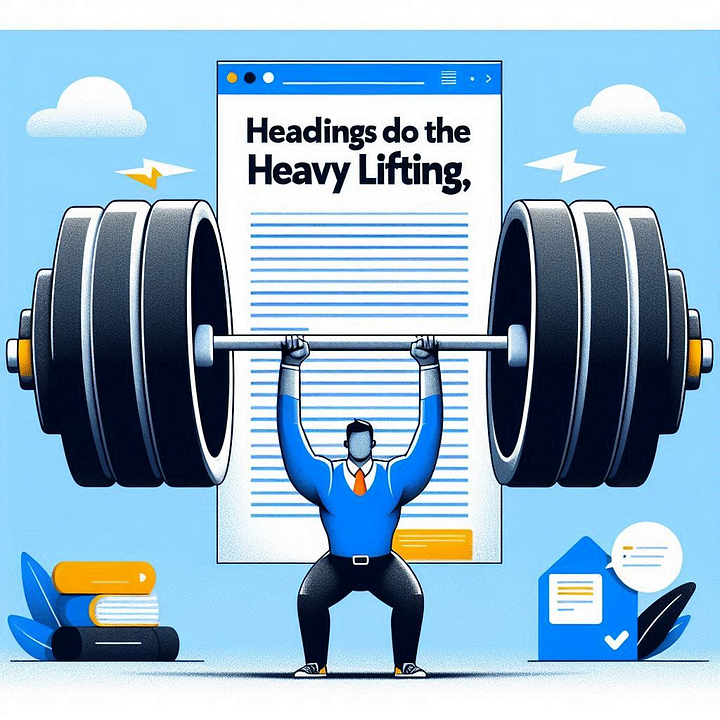 An image that visually represents the concept of ‘Headings Do the Heavy Lifting’ in blogging. Shows a large, strong, and bold heading being lifted using a visual metaphor of a weightlifting barbell with the heading as the bar and text blocks as weights. The image conveys that headings play a crucial role in making content engaging and accessible, highlighting their importance in grabbing and holding readers’ attention.