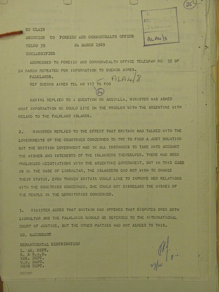 Cable dated 24 March 1969 revealing that Argentina refused the UK offer of ICJ mediation