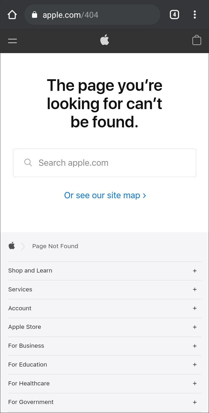 Screenshot of https://www.apple.com/404 showing Page Not Found Message
