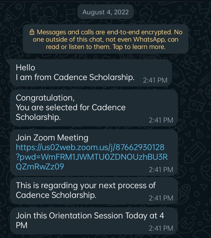 Selection Message from Cadence Scholarship Program
