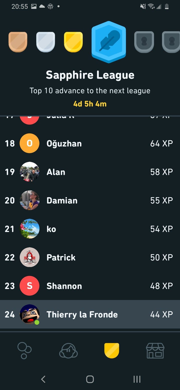 Screenshot of the Saphire league with a ranking of contestants in the league (author is 24th)