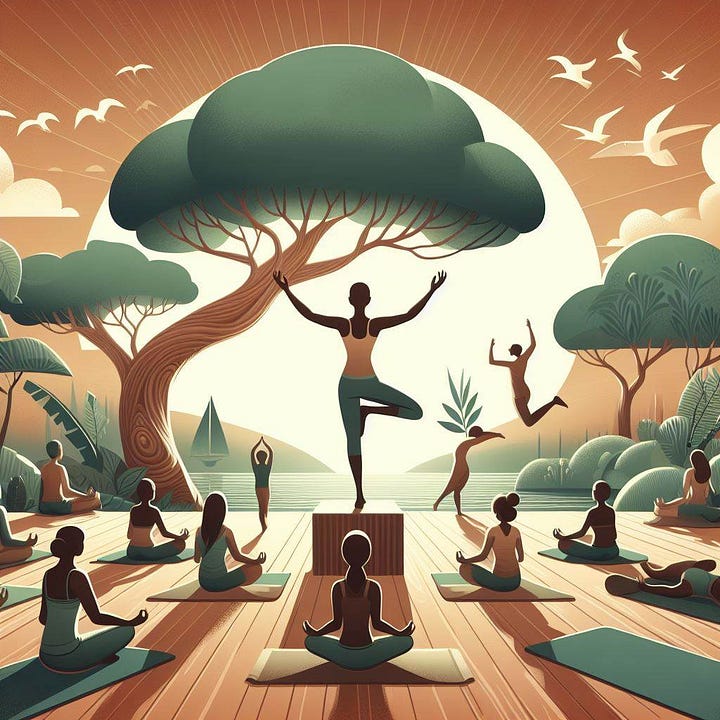 An image depicting the role of yoga in stress management, illustrating a peaceful and calming environment with individuals practicing yoga postures that promote relaxation and mental tranquility.