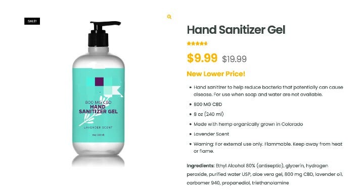 A screenshot of a website sellng CBD hand sanitizer. CBD-infused hand sanitizers have become quite popular since the start of