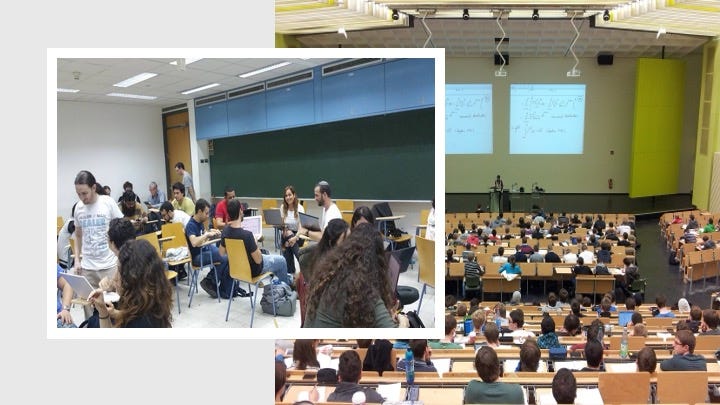 One image shows students working in groups and overlays a larger image of students being taught in a large lecture theatre with the picture taken from the very back of the theatre.