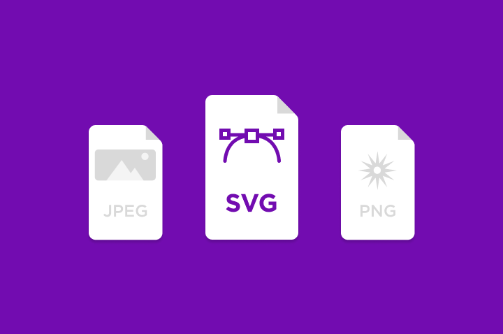 Three files: the first one is an JEPG file, the middle one is an SVG file and the last is a PNG file. The middle one is bigger than the others and focused with purple typography and iconography. The other two are in gray color and with low contrast.