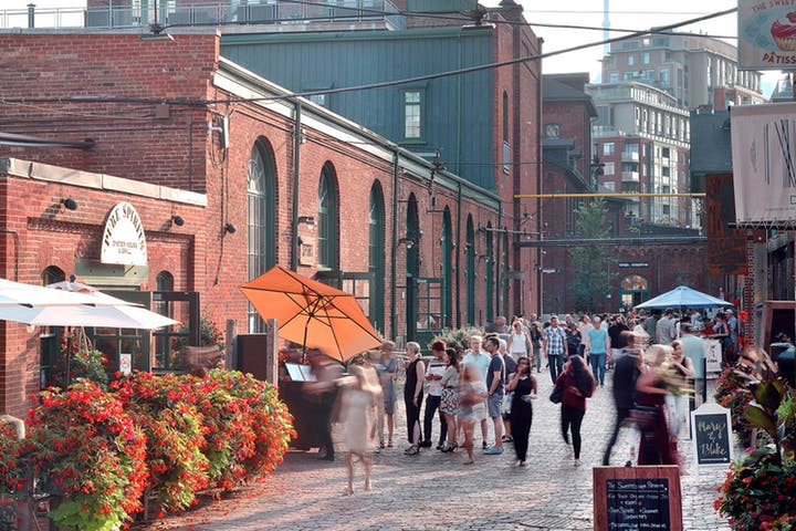 The Distillery District, people walking through market