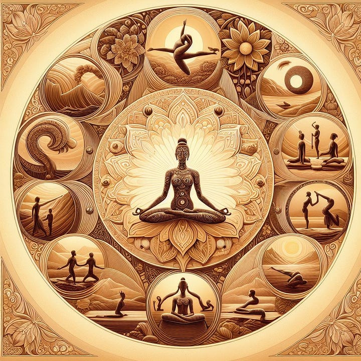 A serene and harmonious depiction of the multifaceted practice of yoga, illustrating physical postures, breathing exercises, meditation, and ethical principles, rooted in the ancient Indus Valley Civilization and inspired by the classical Yoga Sutras of Patanjali