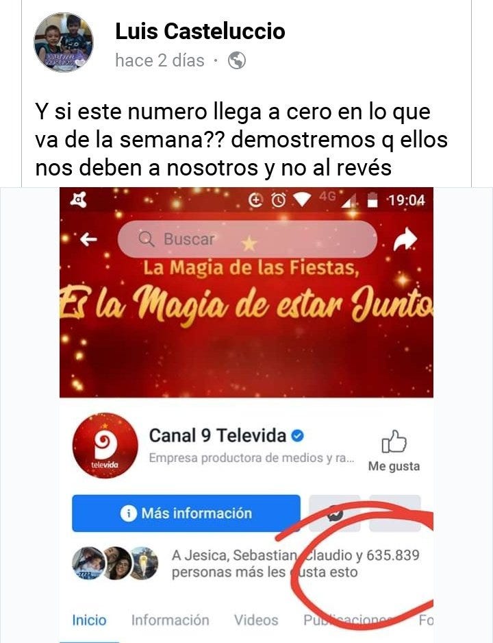 Mensaje de Facebook que invita a dejar de seguir a la fanpage en Facebook de Canal 9 Televida.