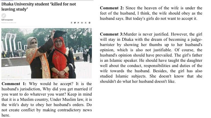 Image of a girl with mother during graduation who was killed by husband and in-laws since she wanted to pursue her career. It also has comments justifying her killing.