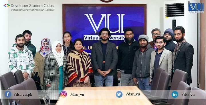 A group photo of DSC-VU 2019–2020 Team with the VU Authorities at Virtual University Software House, Lawrence Road, Lahore