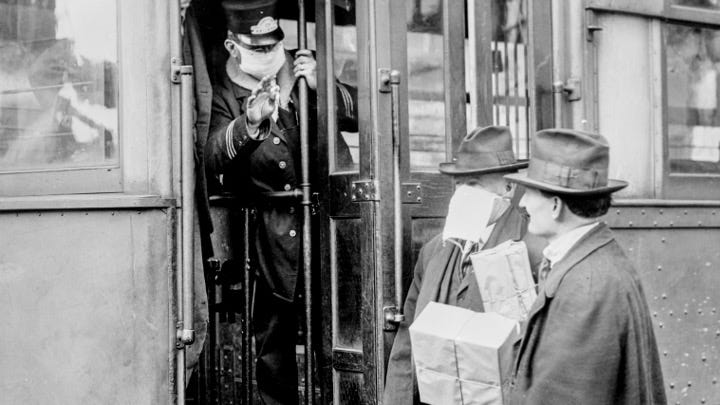 Historical photograph detail, from Library of Congress: Captured during the Flu pandemic of 1918 (Street Cart Conductor and a city trvaeller wearing a mask)