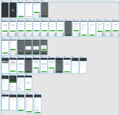 A imagem mostra um layout de design no Figma com várias telas de um aplicativo móvel organizadas em uma grade. As telas incluem diferentes etapas e interfaces. As telas mudam de cor quando as variáveis são alteradas.