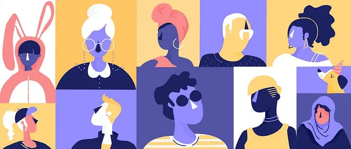 Shopify illustration of a collage of purple people representing diversity.