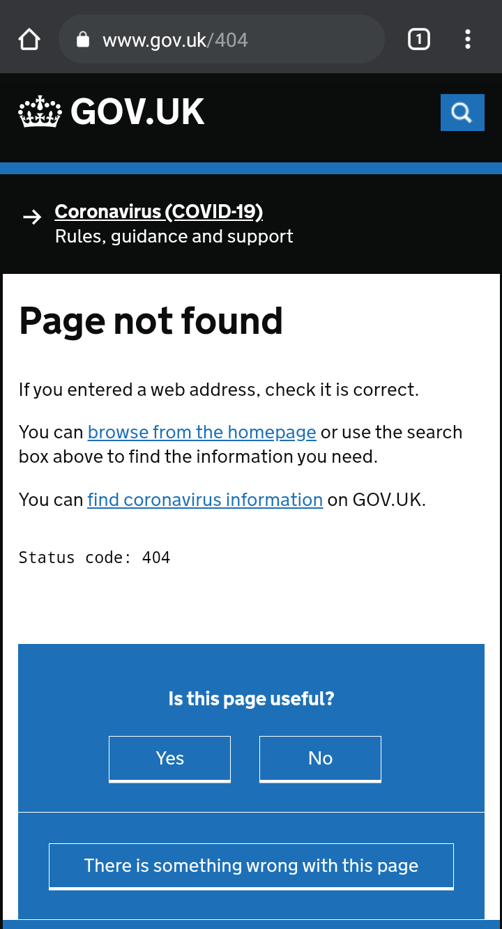 Screen shot of gov.uk 404 page