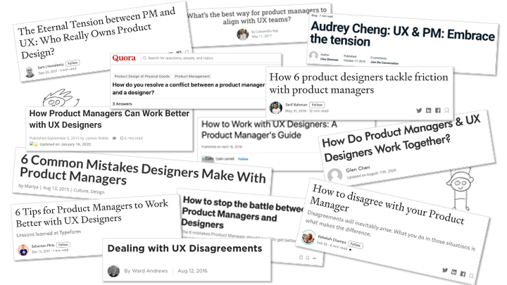 A collection of screenshots of articles that give advice on how UX and PM roles can better work together.