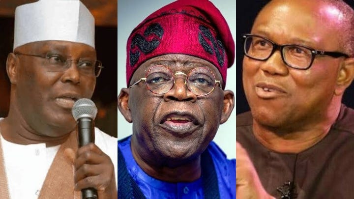 A Photo Collage of Atiku Abubakar, Bola Ahmed Tinubu and Peter Obi