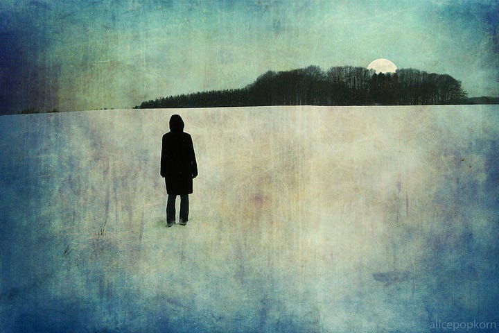 Watercolor-like illustration of a person standing on a snowy field with their back to the viewer, watching the sun set over a cluster of trees on the horizon.