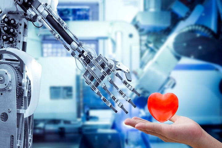 Robot hand reaching for human heart.