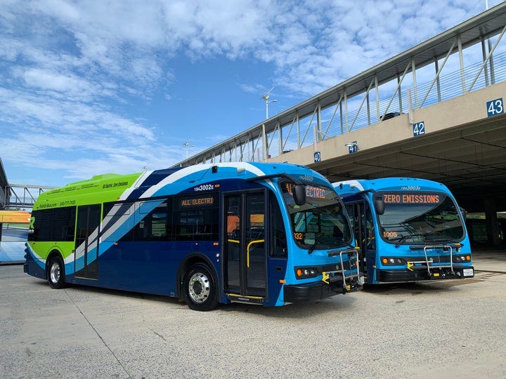 Electric buses from Montgomery County, MD’s fleet.