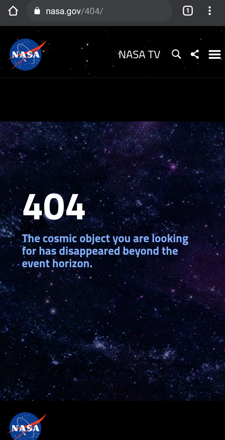 Screen shot of nasa.gov 404 page