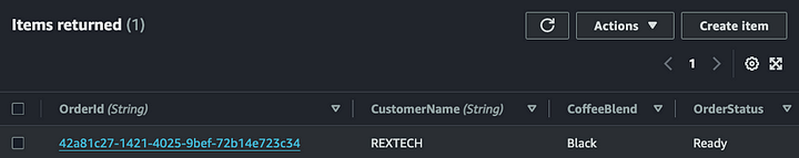 Verifying order status update in DynamoDB table.