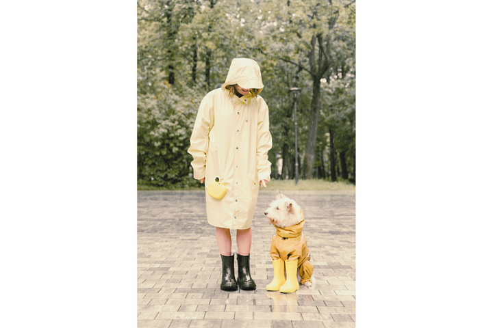 A lady wearing a yellow rain coat with her dog beside her. The dog’s front paws are in a pair of yellow rain boots.