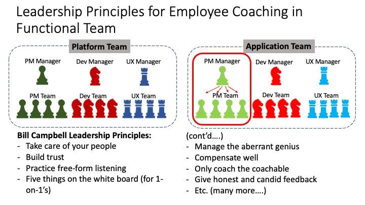 A diagram highlighting the manager-to-employee coaching relationship and the leadership principles that apply here.