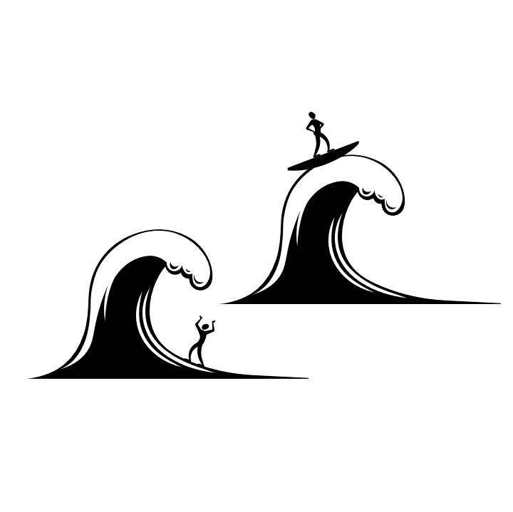 Two stick figures affected by the same wave. On the left-hand side, the stick figure has the wave crashing upon them. On the right-hand side, the stick figure is surfing and riding the top of the wave.