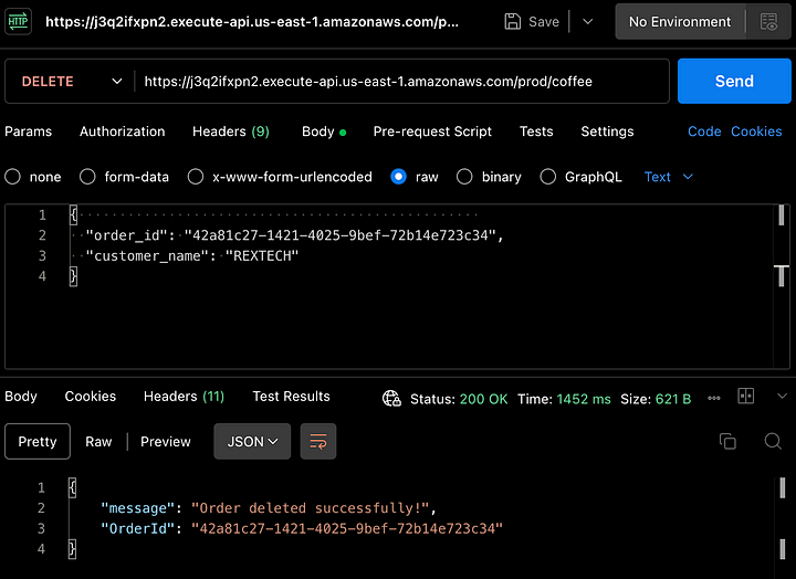 Testing the DELETE method using Postman.