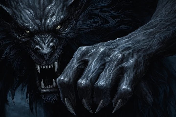 Close up of a snarling werewolf