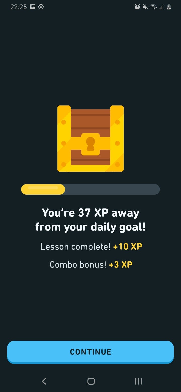 Screenshot of a Duolingo screen featuring a treasure chest “You’re 37 XP away from your daily goal!”