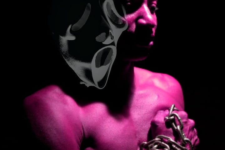 black man in chains, looking at camera, red color, ghost face superimposed