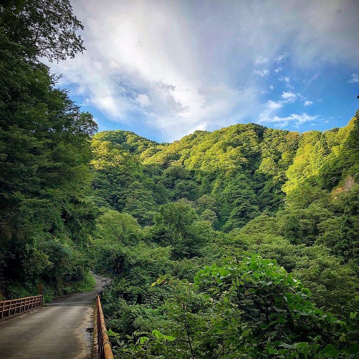 A red bridge leads to a green Mt. Kyogakura, one of the 100 Famous Mountains of Yamagata located in Sakata City, in the Tohoku region of North Japan.