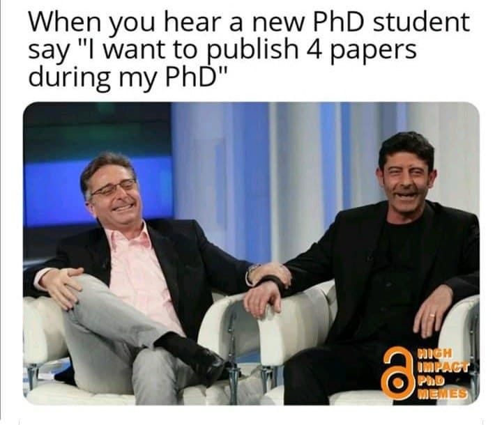 Two men laughing about: When you hear a new PhD student say “I want to publish 4 papers during my PhD”.